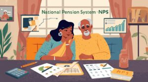 indian middle class couple planning retirement, modern flat illustration, calculator, pension document, stock market graph going up, national pension system nps written clearly, indian colors, professiona